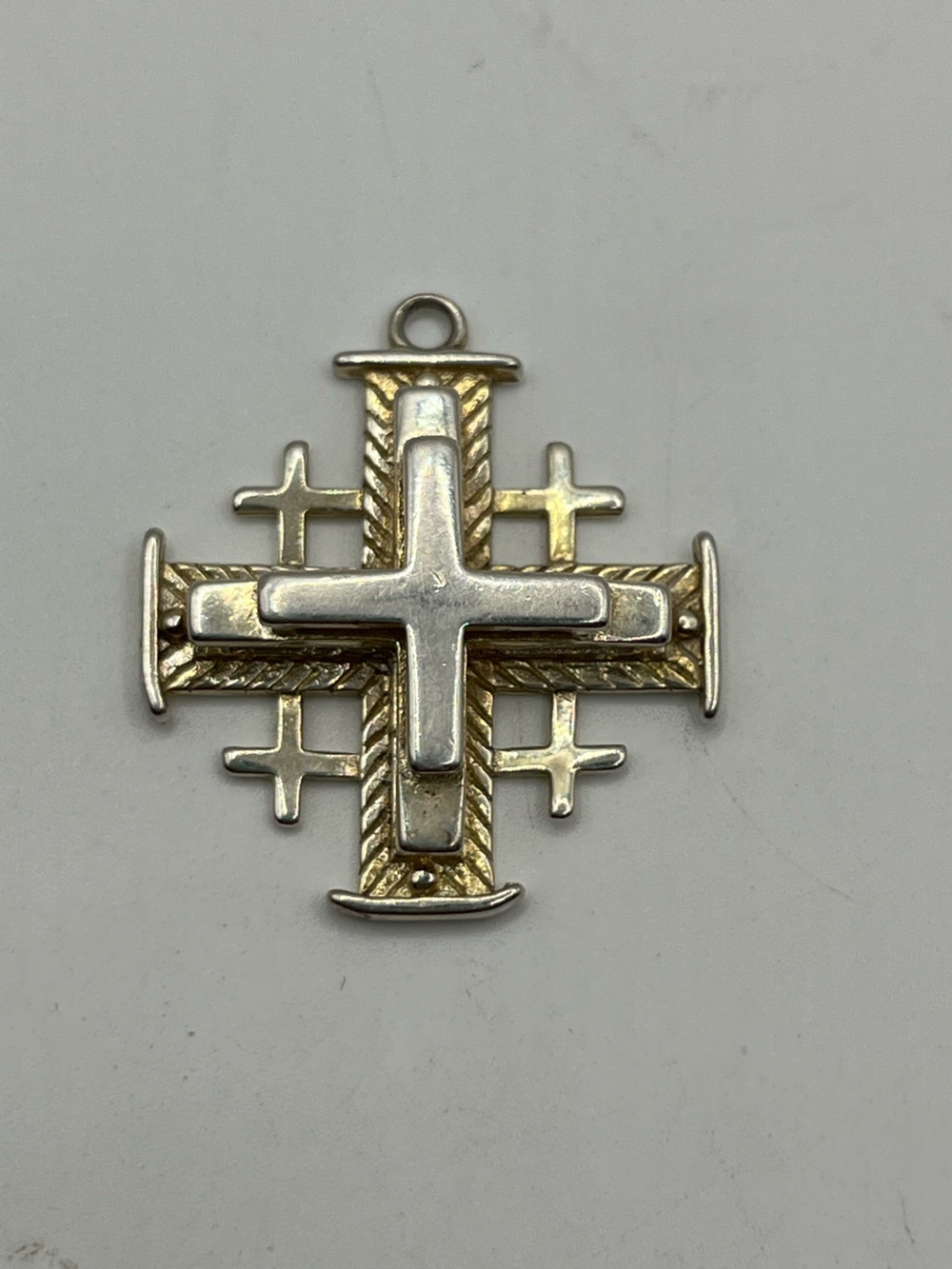 Two-Tone Jerusalem Cross Pendant Accent - Silver and Gold. Multi layered. 925